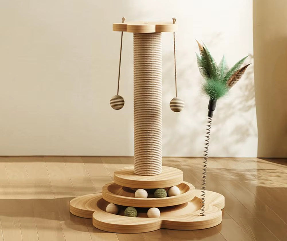 Cat Scratching Post 4-In-1 Swivel Design Sturdy Sisal Rope Cat Tree Scratcher with Ball and Feather Solid Pine Wood Cat Tree