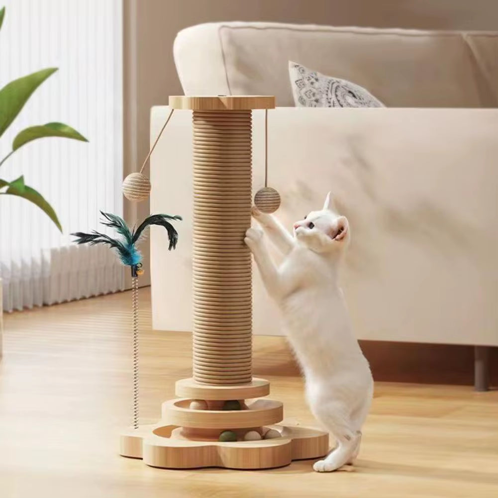 Cat Scratching Post 4-In-1 Swivel Design Sturdy Sisal Rope Cat Tree Scratcher with Ball and Feather Solid Pine Wood Cat Tree